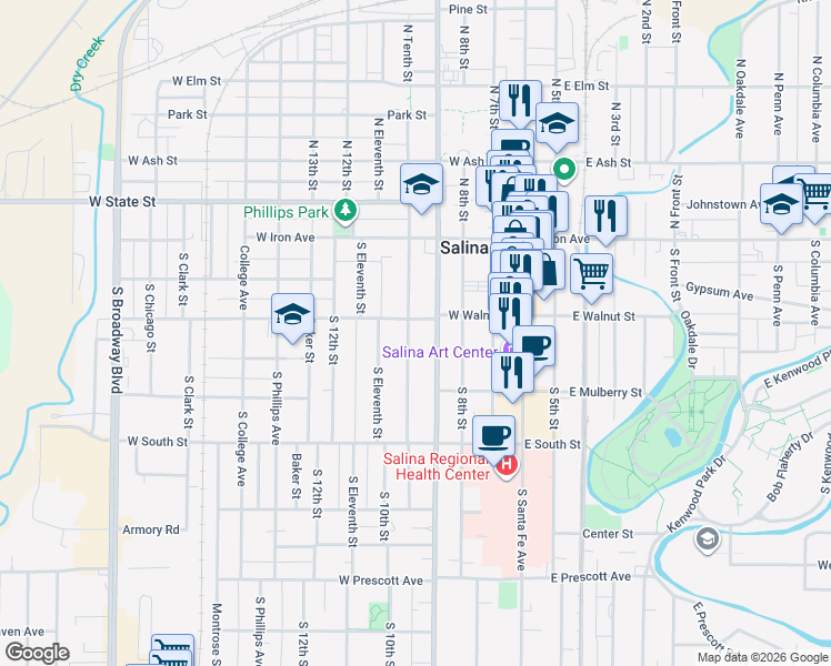 map of restaurants, bars, coffee shops, grocery stores, and more near 204 South 10th Street in Salina