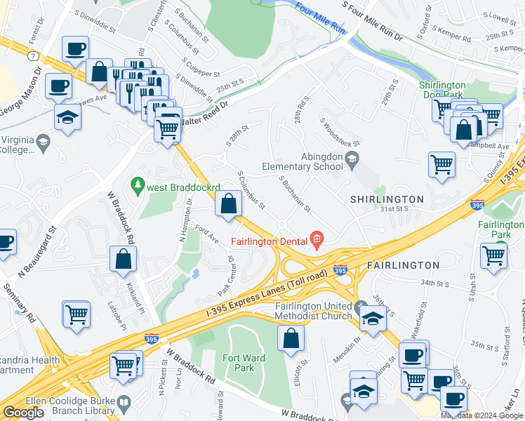 map of restaurants, bars, coffee shops, grocery stores, and more near 2932 South Columbus Street in Arlington