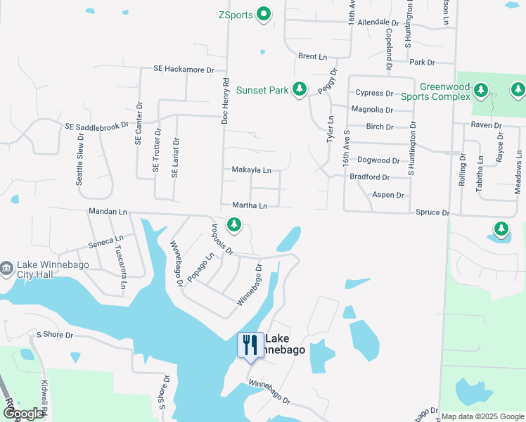 map of restaurants, bars, coffee shops, grocery stores, and more near 2231 Martha Lane in Greenwood