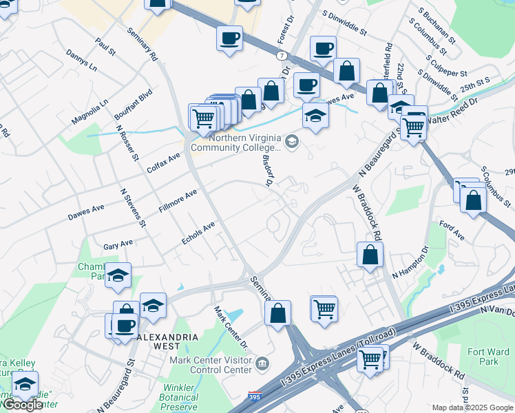 map of restaurants, bars, coffee shops, grocery stores, and more near 5110 Echols Avenue in Alexandria