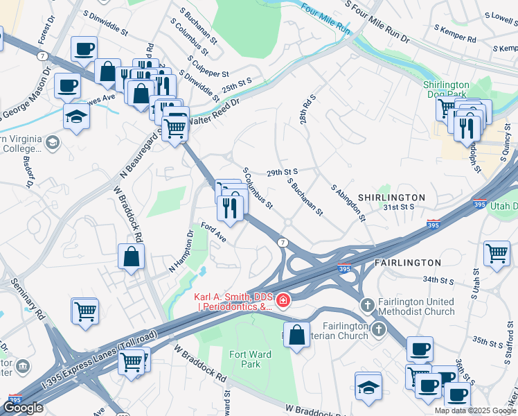 map of restaurants, bars, coffee shops, grocery stores, and more near 2950 South Columbus Street in Arlington