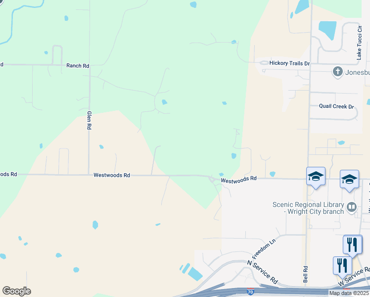 map of restaurants, bars, coffee shops, grocery stores, and more near 15097 Westwoods Road in Wright City