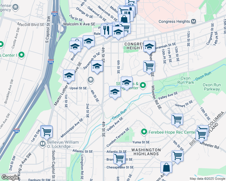 map of restaurants, bars, coffee shops, grocery stores, and more near 442 Woodcrest Drive Southeast in Washington