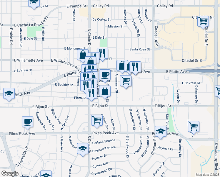 map of restaurants, bars, coffee shops, grocery stores, and more near 410 Tia Juana Street in Colorado Springs