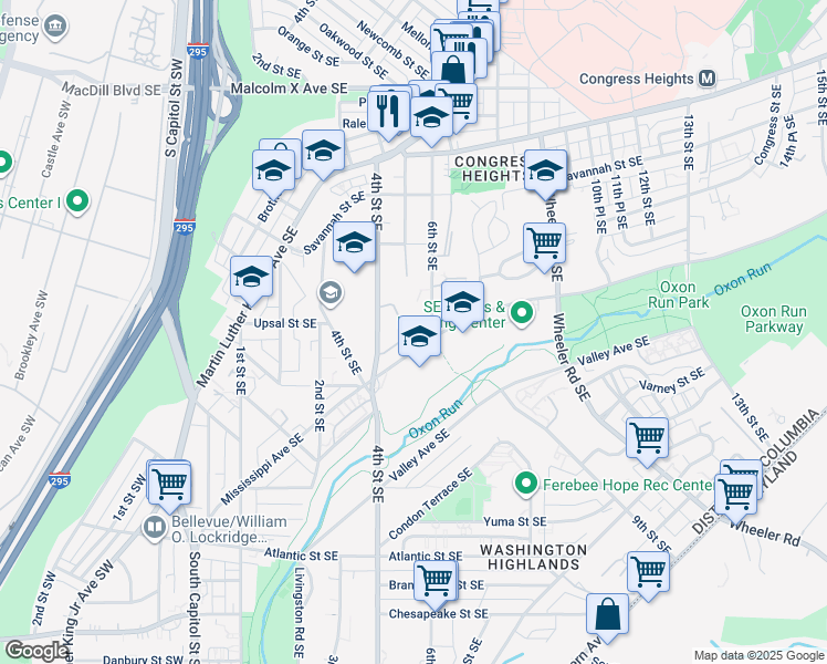 map of restaurants, bars, coffee shops, grocery stores, and more near 442 Woodcrest Drive Southeast in Washington