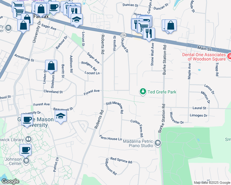 map of restaurants, bars, coffee shops, grocery stores, and more near 10109 Forest Avenue in Fairfax