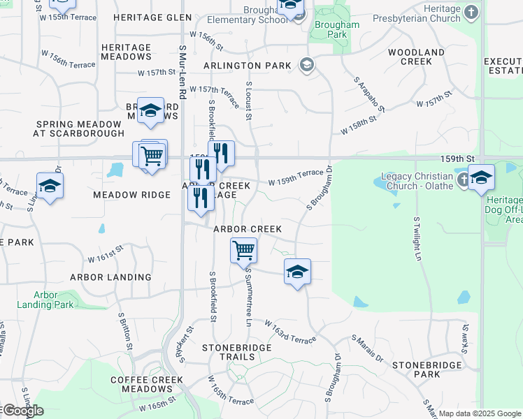 map of restaurants, bars, coffee shops, grocery stores, and more near 16046 West 160th Street in Olathe