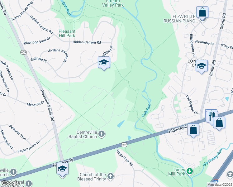 map of restaurants, bars, coffee shops, grocery stores, and more near 15147 Wetherburn Drive in Centreville