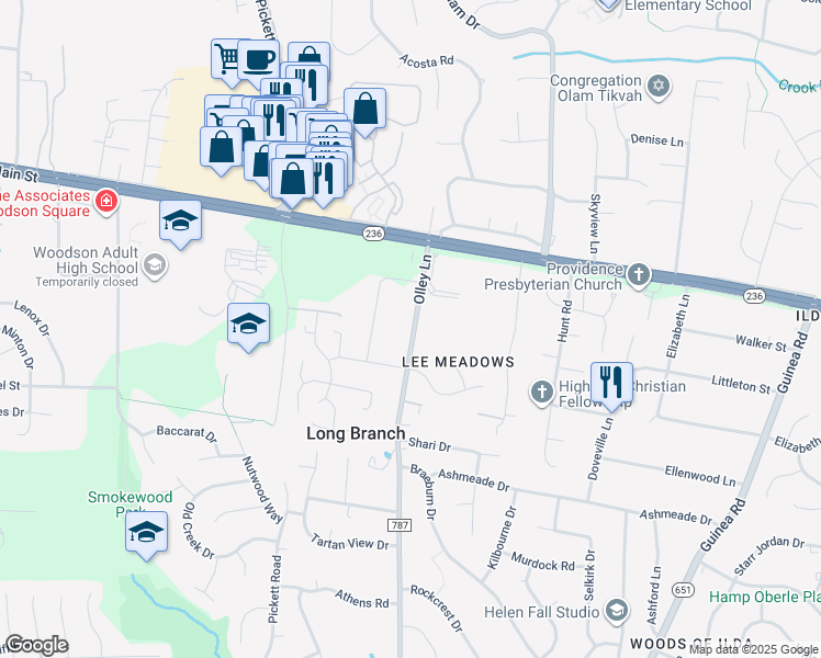 map of restaurants, bars, coffee shops, grocery stores, and more near 4028 County Road 787 in Fairfax