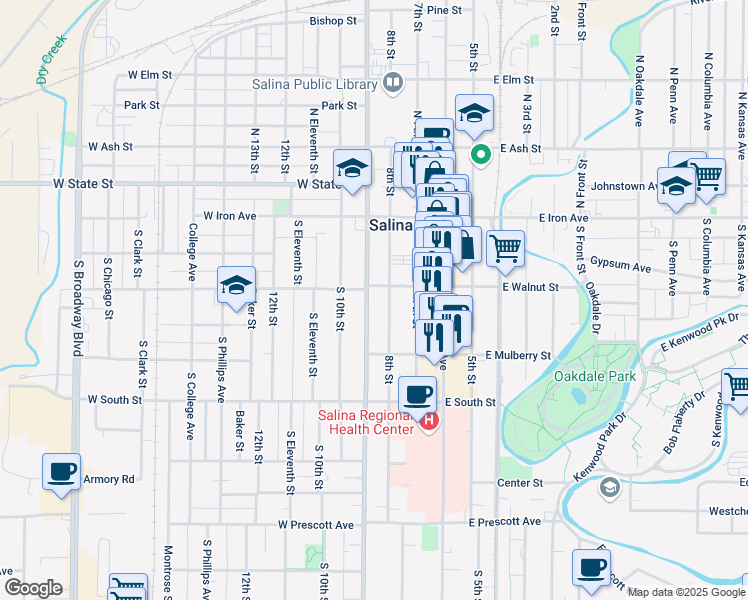 map of restaurants, bars, coffee shops, grocery stores, and more near 209 South 9th Street in Salina