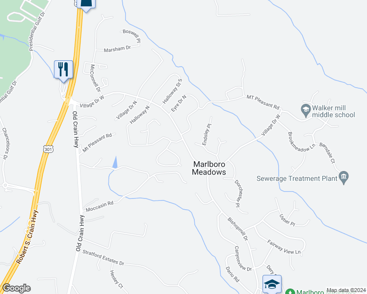 map of restaurants, bars, coffee shops, grocery stores, and more near 16505 Village Drive West in Upper Marlboro
