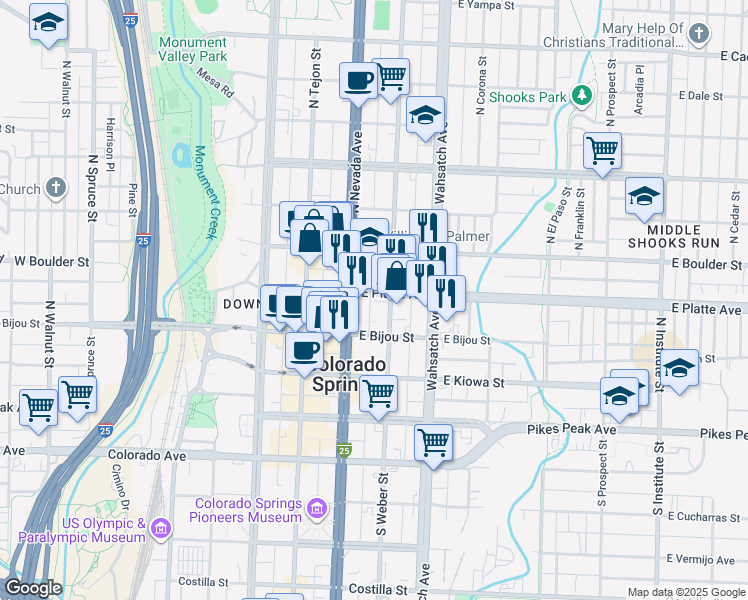 map of restaurants, bars, coffee shops, grocery stores, and more near 215 East Platte Avenue in Colorado Springs