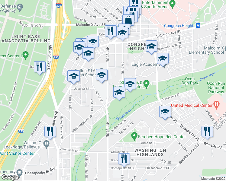 map of restaurants, bars, coffee shops, grocery stores, and more near 421 Woodcrest Drive Southeast in Washington