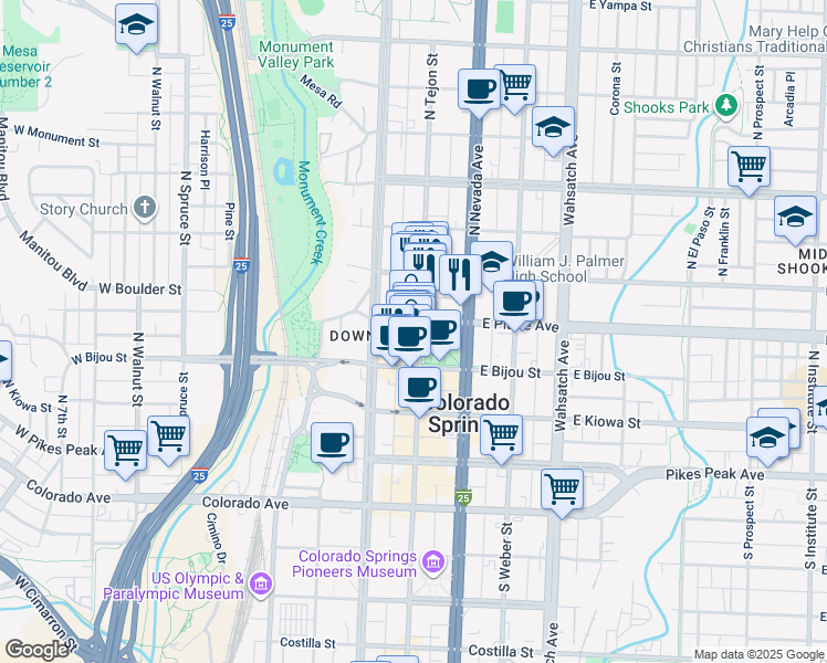 map of restaurants, bars, coffee shops, grocery stores, and more near 104 East Platte Avenue in Colorado Springs