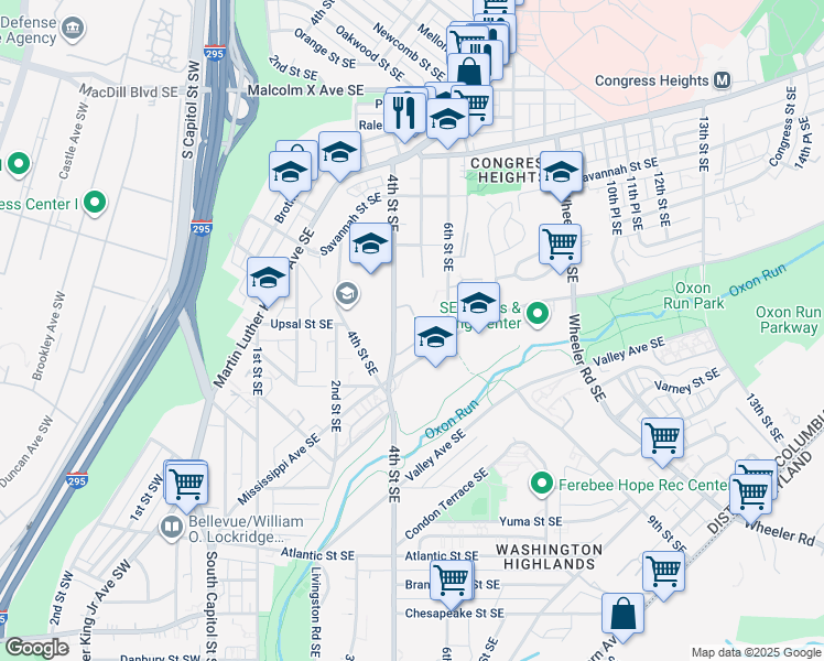 map of restaurants, bars, coffee shops, grocery stores, and more near 421 Woodcrest Drive Southeast in Washington