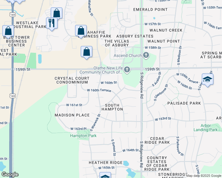 map of restaurants, bars, coffee shops, grocery stores, and more near 18844 West 160th Terrace in Olathe