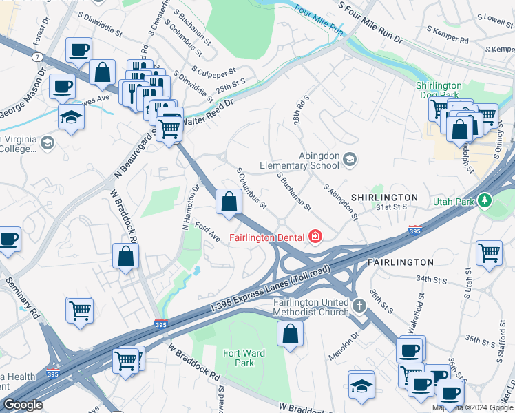 map of restaurants, bars, coffee shops, grocery stores, and more near 2950 South Columbus Street in Arlington