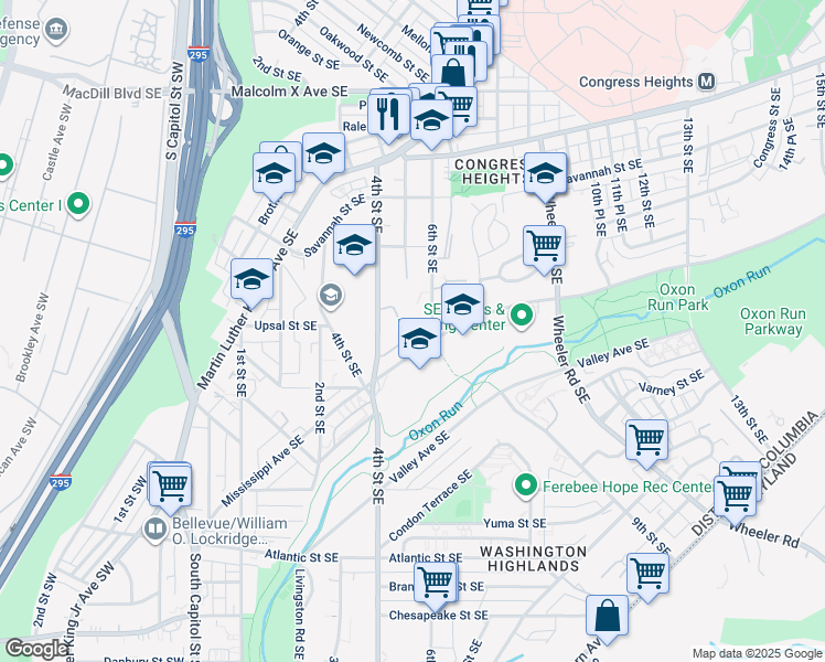 map of restaurants, bars, coffee shops, grocery stores, and more near 440 Woodcrest Drive Southeast in Washington