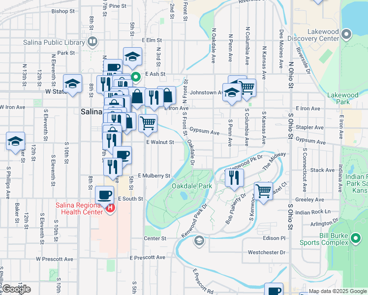 map of restaurants, bars, coffee shops, grocery stores, and more near South Front in Salina