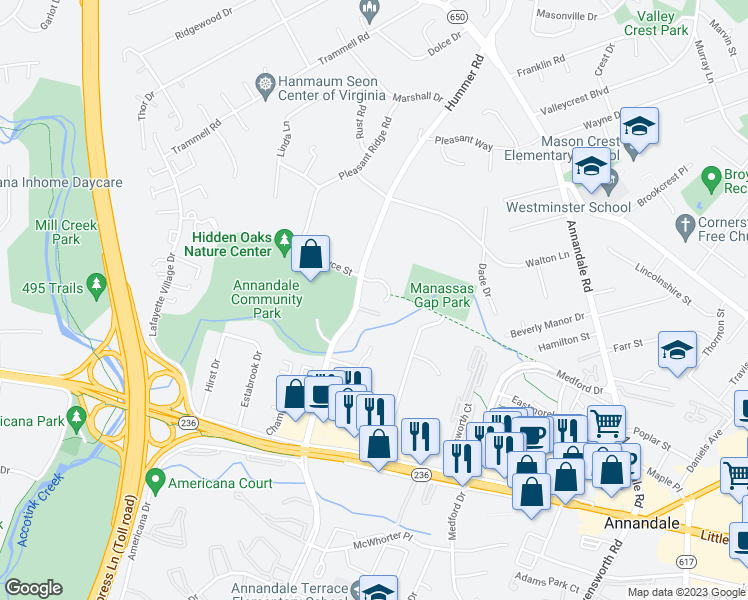 map of restaurants, bars, coffee shops, grocery stores, and more near 7531 Royce Court in Annandale