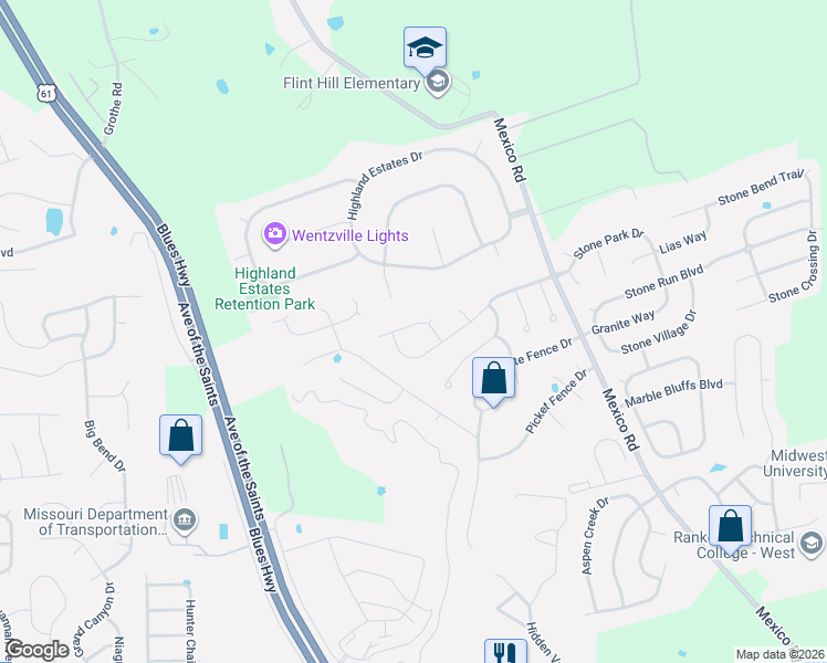 map of restaurants, bars, coffee shops, grocery stores, and more near in Wentzville