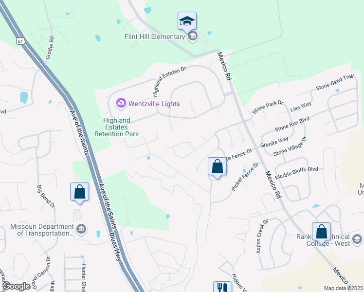 map of restaurants, bars, coffee shops, grocery stores, and more near 710 Tobermory Court in Wentzville