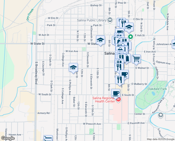 map of restaurants, bars, coffee shops, grocery stores, and more near 617 West Walnut Street in Salina