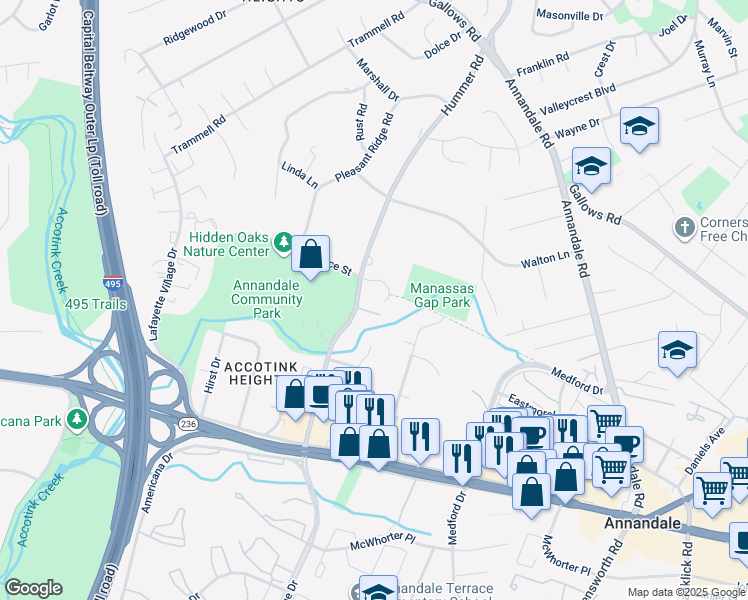 map of restaurants, bars, coffee shops, grocery stores, and more near 7531 Royce Court in Annandale