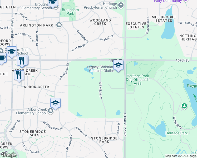 map of restaurants, bars, coffee shops, grocery stores, and more near 15455 159th Street in Olathe