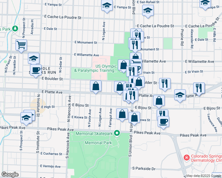 map of restaurants, bars, coffee shops, grocery stores, and more near 312 Farragut Avenue in Colorado Springs