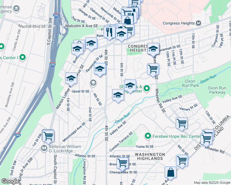 map of restaurants, bars, coffee shops, grocery stores, and more near 438 Woodcrest Drive Southeast in Washington