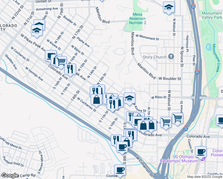 map of restaurants, bars, coffee shops, grocery stores, and more near 1129 West Kiowa Street in Colorado Springs