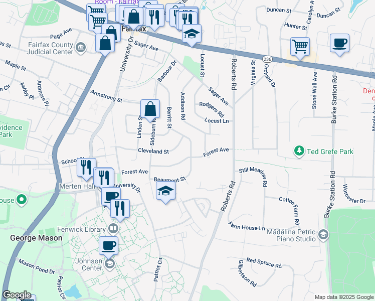 map of restaurants, bars, coffee shops, grocery stores, and more near 4240 Berritt Street in Fairfax