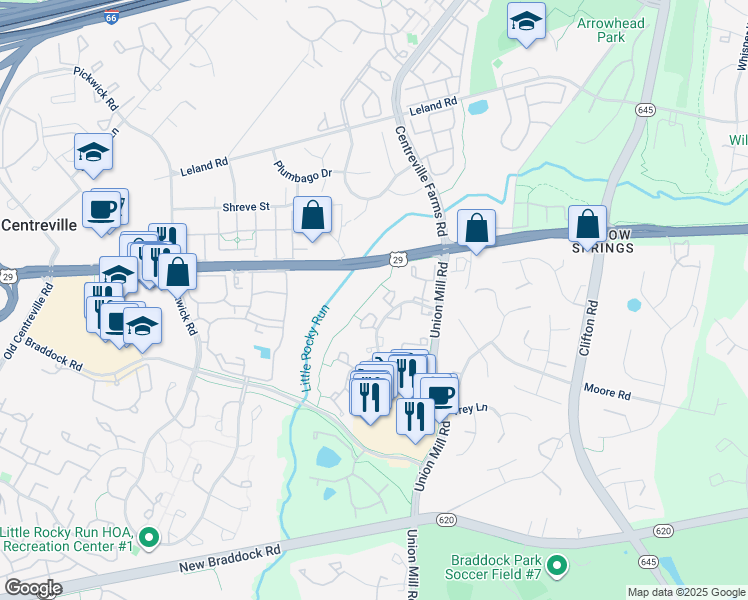 map of restaurants, bars, coffee shops, grocery stores, and more near 13538 Gray Bill Court in Clifton