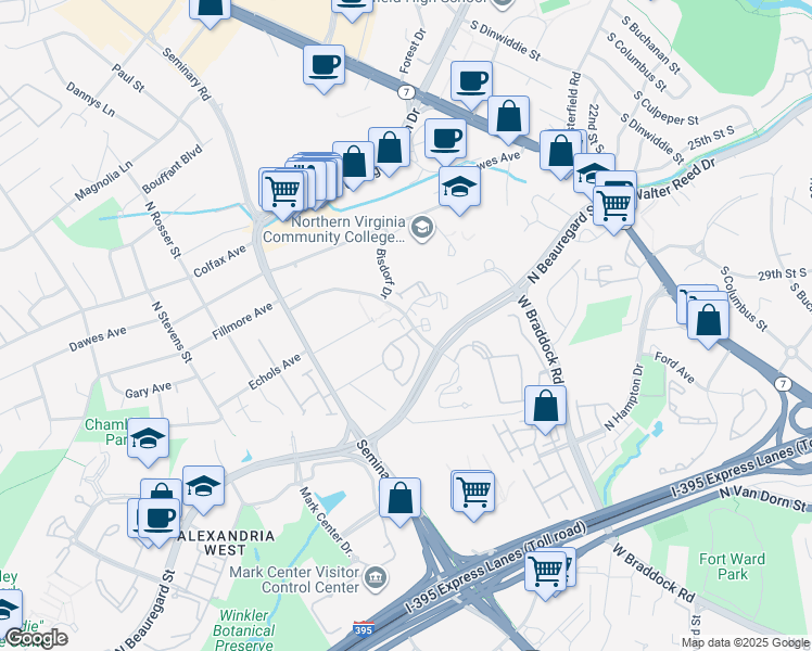 map of restaurants, bars, coffee shops, grocery stores, and more near 5106 Fillmore Avenue in Alexandria