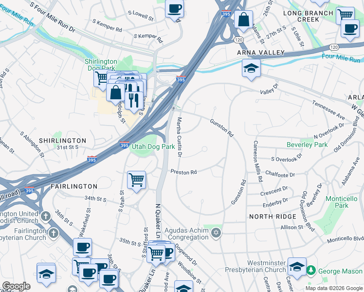 map of restaurants, bars, coffee shops, grocery stores, and more near 3430 Martha Custis Drive in Alexandria