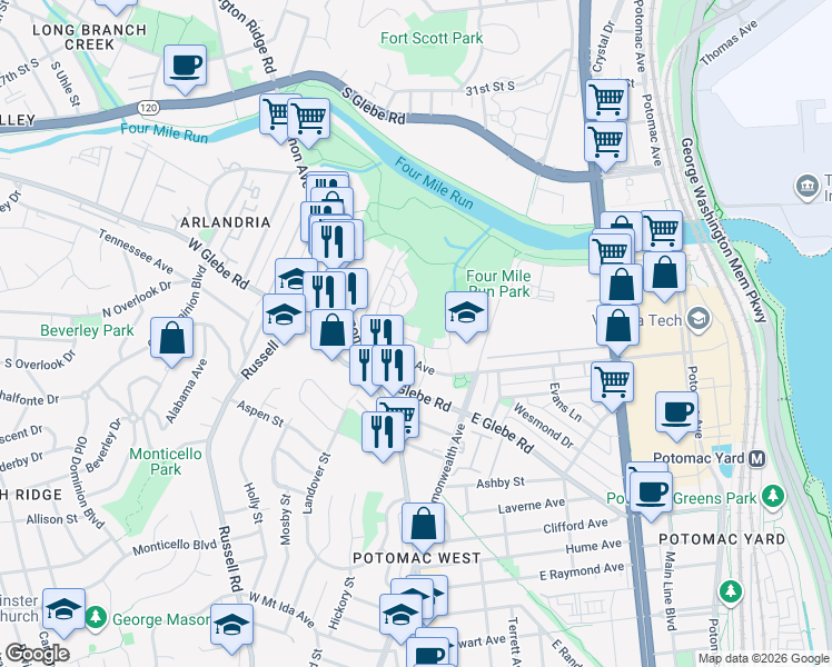 map of restaurants, bars, coffee shops, grocery stores, and more near 127 Dale Street in Alexandria