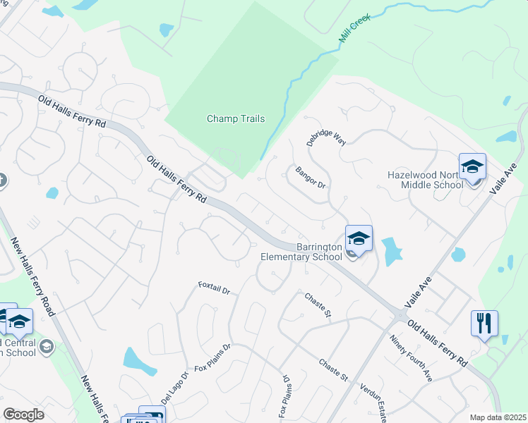 map of restaurants, bars, coffee shops, grocery stores, and more near 3951 Triple Crown Drive in Florissant