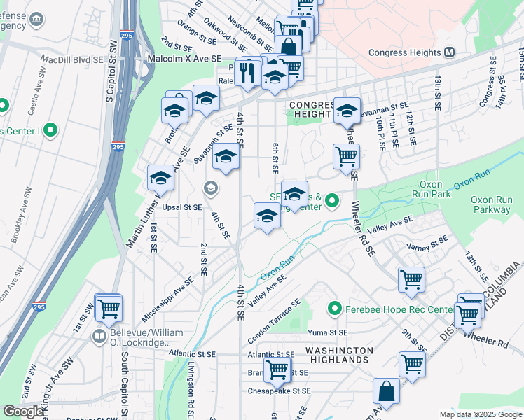 map of restaurants, bars, coffee shops, grocery stores, and more near 438 Woodcrest Drive Southeast in Washington