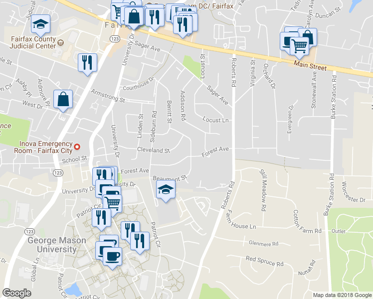map of restaurants, bars, coffee shops, grocery stores, and more near 4240 Berritt Street in Fairfax