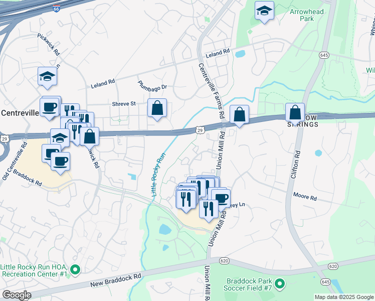 map of restaurants, bars, coffee shops, grocery stores, and more near 13538 Gray Bill Court in Clifton