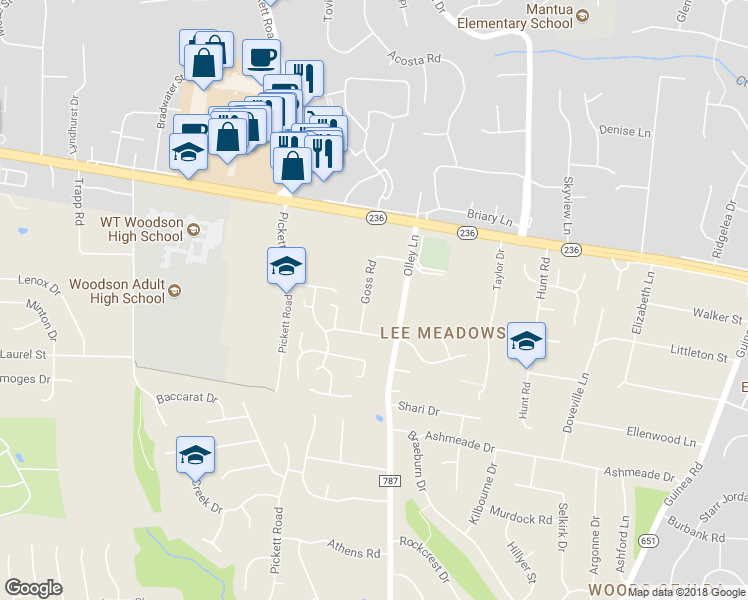 map of restaurants, bars, coffee shops, grocery stores, and more near 4029 Goss Road in Fairfax