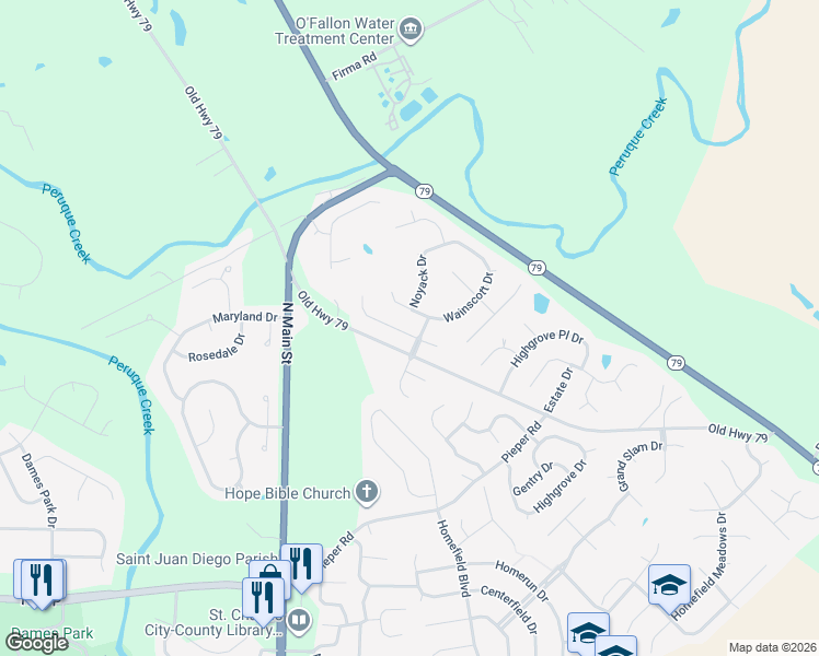 map of restaurants, bars, coffee shops, grocery stores, and more near 702 Jamesport Drive in O'Fallon