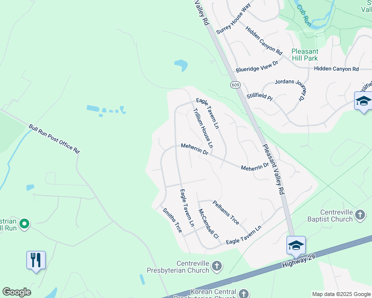 map of restaurants, bars, coffee shops, grocery stores, and more near 15513 Meherrin Drive in Centreville