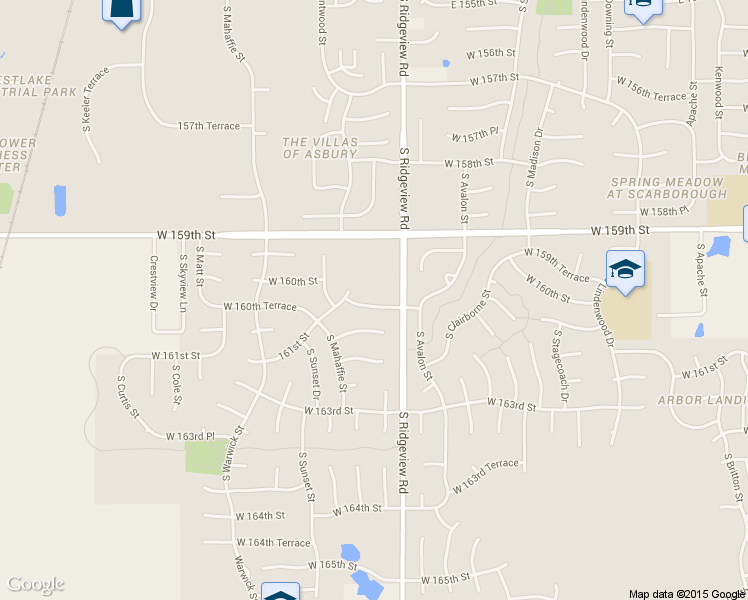 map of restaurants, bars, coffee shops, grocery stores, and more near 18420 West 160th Terrace in Olathe