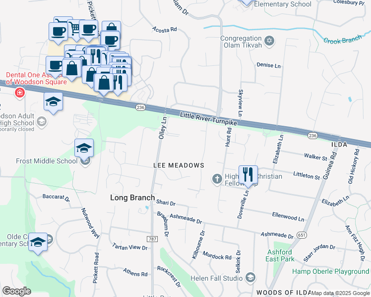 map of restaurants, bars, coffee shops, grocery stores, and more near 4023 Olley Lane in Fairfax