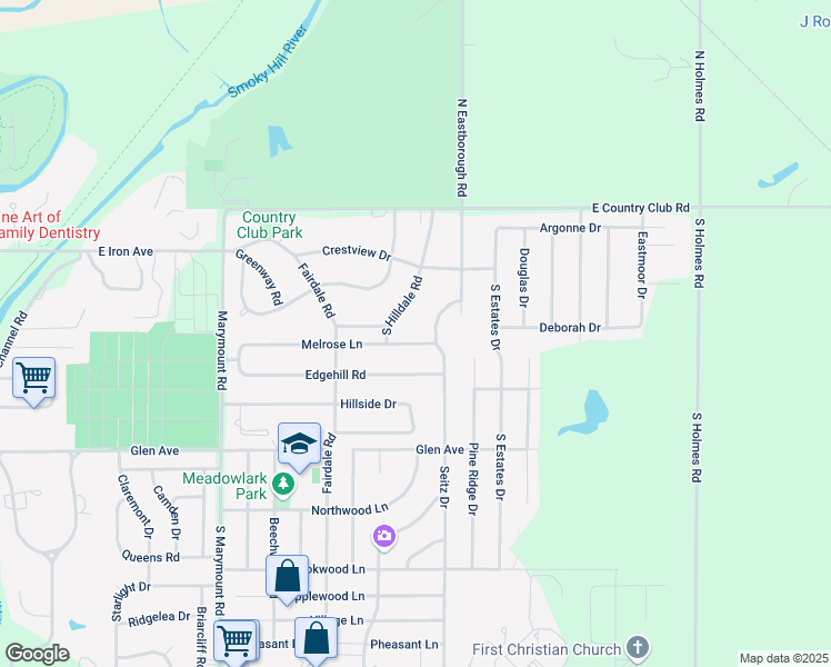 map of restaurants, bars, coffee shops, grocery stores, and more near 2407 Melrose Ln in Salina