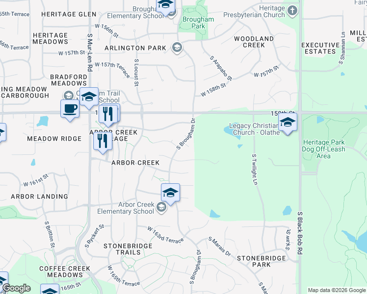 map of restaurants, bars, coffee shops, grocery stores, and more near 15933 West 160th Street in Olathe