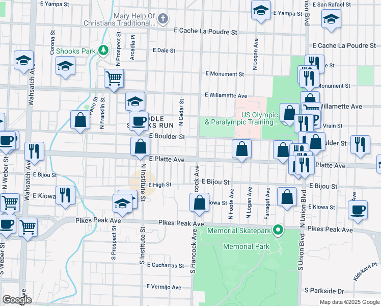 map of restaurants, bars, coffee shops, grocery stores, and more near 309 North Hancock Avenue in Colorado Springs