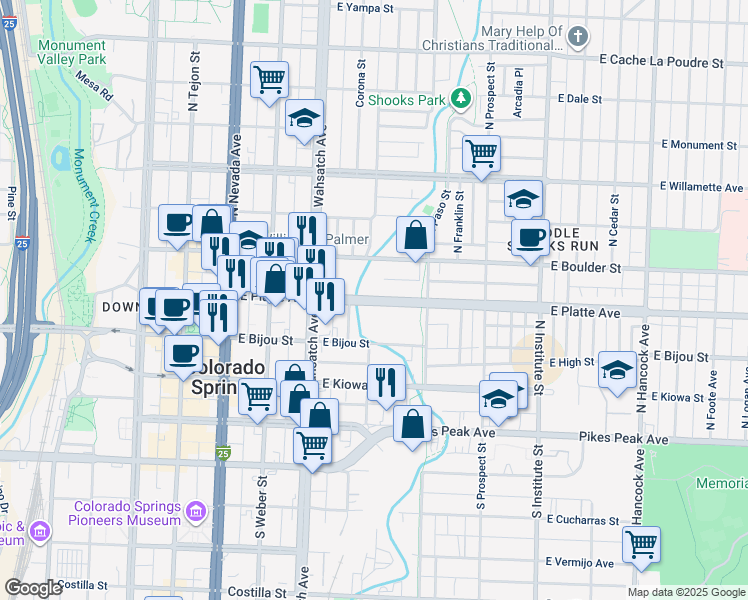 map of restaurants, bars, coffee shops, grocery stores, and more near 526 East Platte Avenue in Colorado Springs